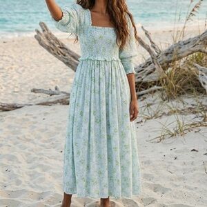 Ganni Shirred Smocked Floral Cotton Silk Puff Sleeve Maxi Dress EU 42 US XL